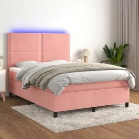 Cama box spring colchón y LED terciopelo rosa 140x190 cm de , Camas y somieres - Ref: Foro24-3136064, Precio: 496,90 €, Descu...