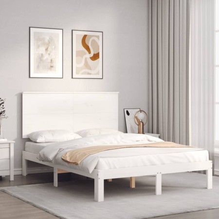 Estructura cama de matrimonio con cabecero madera maciza blanco de , Camas y somieres - Ref: Foro24-3193632, Precio: 148,72 €...