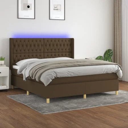 Box spring bed mattress LED lights dark brown fabric 160x200cm by , Beds and slatted bases - Ref: Foro24-3139128, Price: 593,...