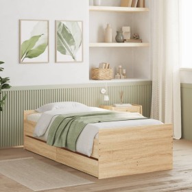 Estructura de cama con cajones roble Sonoma 90x200 cm de , Camas y somieres - Ref: Foro24-3207373, Precio: 179,14 €, Descuent...