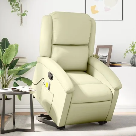 Sillón reclinable de masaje elevable cuero auténtico crema de , Sillones - Ref: Foro24-3204268, Precio: 401,77 €, Descuento: %