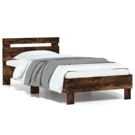 Cama con cabecero madera de ingeniería roble ahumado 90x190 cm de , Camas y somieres - Ref: Foro24-838565, Precio: 80,15 €, D...