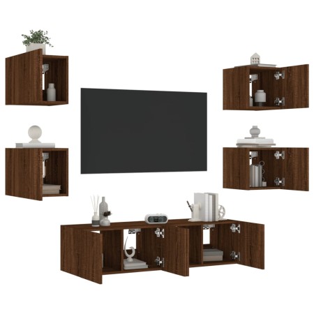 Muebles TV pared con LED 6 pzas madera ingeniería marrón roble de , Muebles TV - Ref: Foro24-3216859, Precio: 188,34 €, Descu...