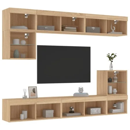 Muebles TV pared con LED 8 pzas madera ingeniería roble Sonoma de , Muebles TV - Ref: Foro24-3216670, Precio: 211,40 €, Descu...