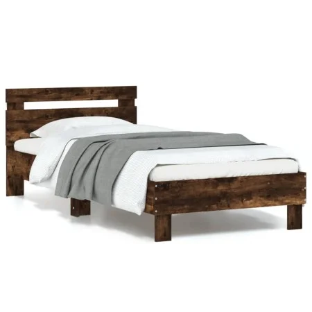 Estructura de cama cabecero luces LED roble ahumado 90x190 cm de , Camas y somieres - Ref: Foro24-838747, Precio: 87,11 €, De...