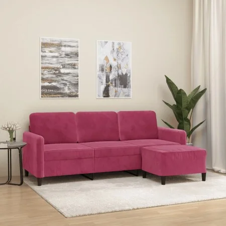 Sofá de 3 plazas con taburete de terciopelo rojo tinto 180 cm de , Sofás - Ref: Foro24-3201178, Precio: 300,49 €, Descuento: %