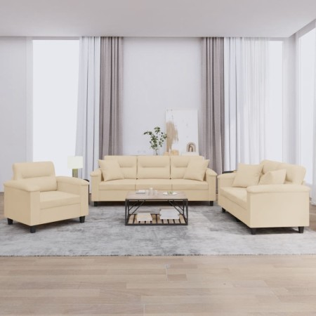 Juego de sofás con cojines 3 piezas tela microfibra crema de , Sofás - Ref: Foro24-3202306, Precio: 860,75 €, Descuento: %