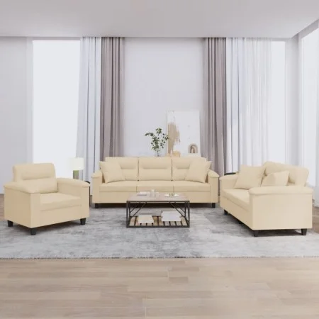 Sofa set with cushions 3 pieces cream microfiber fabric by , Sofas - Ref: Foro24-3202306, Price: 847,18 €, Discount: %
