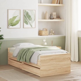 Estructura de cama con cajones roble Sonoma 90x200 cm de , Camas y somieres - Ref: Foro24-3207345, Precio: 171,60 €, Descuent...