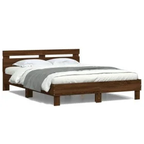 Estructura de cama cabecero y luces LED marrón roble 140x200 cm de , Camas y somieres - Ref: Foro24-3207552, Precio: 161,93 €...