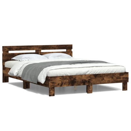 Estructura de cama cabecero y luces LED roble ahumado 140x200cm de , Camas y somieres - Ref: Foro24-3207550, Precio: 153,39 €...