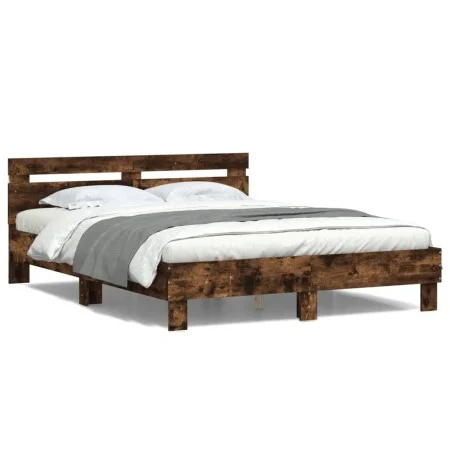 Estructura de cama cabecero y luces LED roble ahumado 140x200cm de , Camas y somieres - Ref: Foro24-3207550, Precio: 150,90 €...