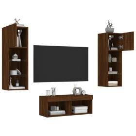 Muebles de TV de pared con luces LED 4 piezas marrón roble de , Muebles TV - Ref: Foro24-3216582, Precio: 144,37 €, Descuento: %