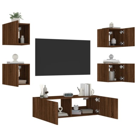 Muebles de TV de pared con luces LED 5 piezas marrón roble de , Muebles TV - Ref: Foro24-3216866, Precio: 162,30 €, Descuento: %