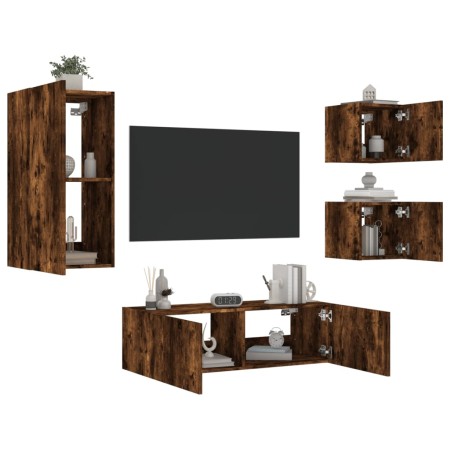 Muebles de TV de pared con luces LED 4 piezas roble ahumado de , Muebles TV - Ref: Foro24-3216885, Precio: 166,63 €, Descuent...