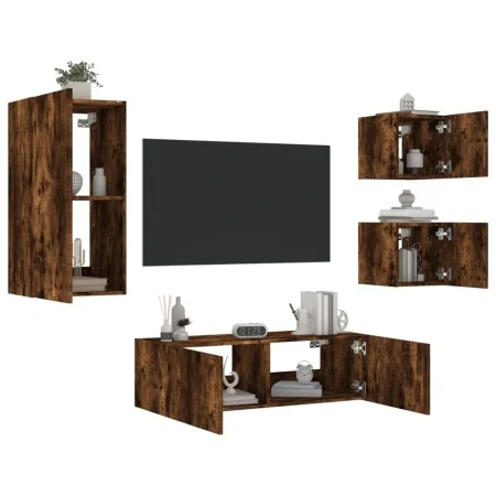 Muebles de TV de pared con luces LED 4 piezas roble ahumado de , Muebles TV - Ref: Foro24-3216885, Precio: 164,72 €, Descuent...