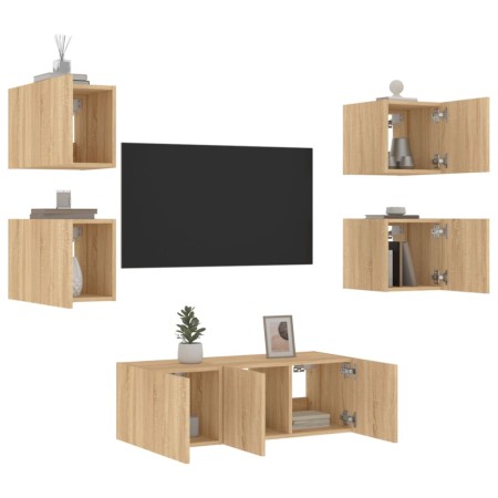 Muebles TV pared con LED 6 pzas madera ingeniería roble Sonoma de , Muebles TV - Ref: Foro24-3216813, Precio: 170,61 €, Descu...