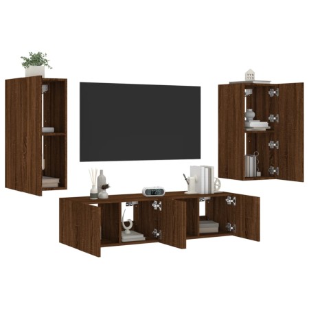 Muebles TV pared con LED 4 pzas madera ingeniería marrón roble de , Muebles TV - Ref: Foro24-3216845, Precio: 171,60 €, Descu...