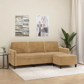 Sofá de 3 plazas con taburete de terciopelo marrón 180 cm de , Sofás - Ref: Foro24-3201181, Precio: 341,61 €, Descuento: %