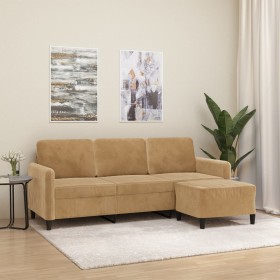 Sofá de 3 plazas con taburete de terciopelo marrón 180 cm de , Sofás - Ref: Foro24-3201181, Precio: 348,81 €, Descuento: %