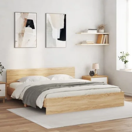 Sonoma oak bed frame with headboard 160x200 cm by , Beds and slatted bases - Ref: Foro24-3207471, Price: 174,52 €, Discount: %