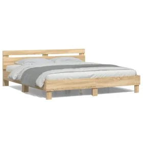 Sonoma oak bed frame with headboard and LED lights 200x200 cm by , Beds and slatted bases - Ref: Foro24-3207520, Price: 174,5...
