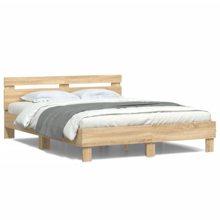 Estructura de cama cabecero y luces LED roble Sonoma 140x200 cm de , Camas y somieres - Ref: Foro24-3207548, Precio: 145,02 €...
