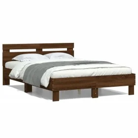 Oak brown engineered wood bed with headboard 120x200 cm by , Beds and slatted bases - Ref: Foro24-3207433, Price: 166,48 €, D...