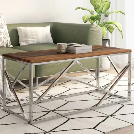 Mesa de centro de acero inoxidable plateado y madera maciza de , Mesas de centro - Ref: Foro24-349941, Precio: 91,62 €, Descu...