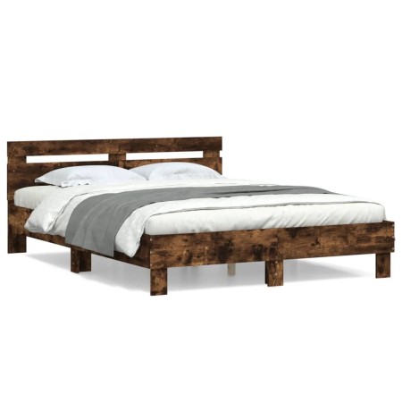 Cama con cabecero madera de ingeniería roble ahumado 140x190 cm de , Camas y somieres - Ref: Foro24-3207438, Precio: 159,37 €...