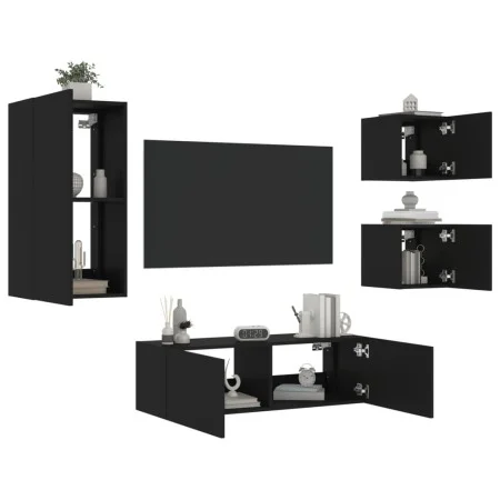 Muebles de TV de pared con luces LED 4 piezas negro de , Muebles TV - Ref: Foro24-3216882, Precio: 182,63 €, Descuento: %