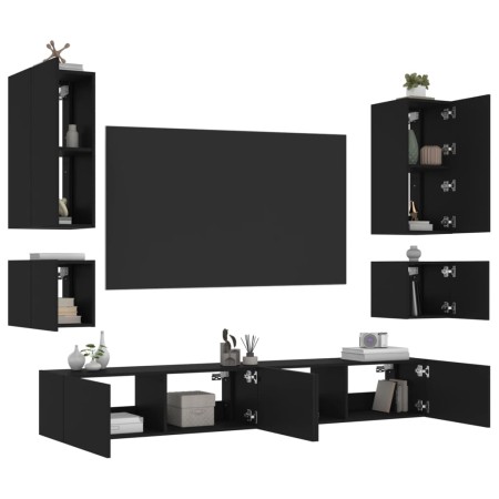 Muebles de TV de pared con luces LED 6 piezas negro de , Muebles TV - Ref: Foro24-3216889, Precio: 294,95 €, Descuento: %