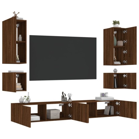 Muebles de TV de pared con luces LED 6 piezas marrón roble de , Muebles TV - Ref: Foro24-3216894, Precio: 253,72 €, Descuento: %