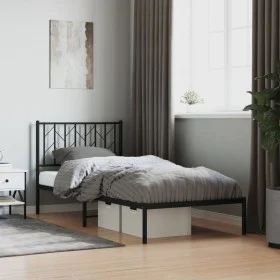 Bed frame with black metal headboard 90x190 cm by , Beds and slatted bases - Ref: Foro24-374429, Price: 62,98 €, Discount: %