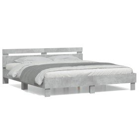 Cama con cabecero madera ingeniería gris hormigón 200x200 cm de , Camas y somieres - Ref: Foro24-3207395, Precio: 160,17 €, D...