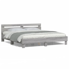 Estructura de cama cabecero y luces LED gris Sonoma 200x200 cm de , Camas y somieres - Ref: Foro24-3207523, Precio: 189,35 €,...