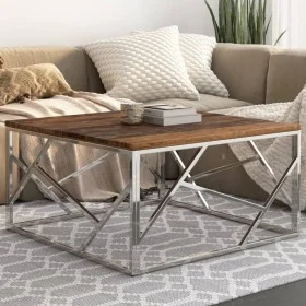 Mesa de centro de acero inoxidable plateado y madera maciza de , Mesas de centro - Ref: Foro24-349949, Precio: 134,82 €, Desc...