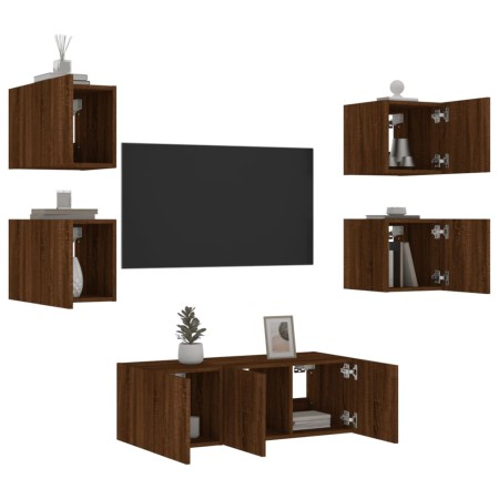 Muebles TV pared con LED 6 pzas madera ingeniería marrón roble de , Muebles TV - Ref: Foro24-3216817, Precio: 175,87 €, Descu...