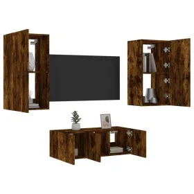 Muebles TV pared con LED 4 pzas madera ingeniería roble ahumado de , Muebles TV - Ref: Foro24-3216822, Precio: 179,35 €, Desc...