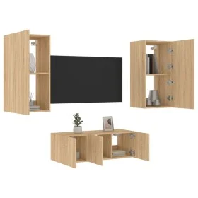 Muebles TV pared con LED 4 pzas madera ingeniería roble Sonoma de , Muebles TV - Ref: Foro24-3216820, Precio: 174,76 €, Descu...