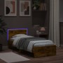Estructura de cama cabecero luces LED roble ahumado 90x200 cm de , Camas y somieres - Ref: Foro24-838810, Precio: 115,45 €, D...