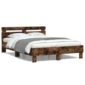 Estructura de cama cabecero y luces LED roble ahumado 120x200cm de , Camas y somieres - Ref: Foro24-3207557, Precio: 144,10 €...
