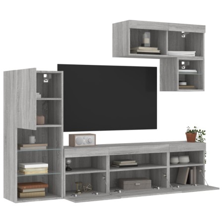 Muebles TV pared con LED 6 pzas madera ingeniería gris Sonoma de , Muebles TV - Ref: Foro24-3216737, Precio: 212,08 €, Descue...