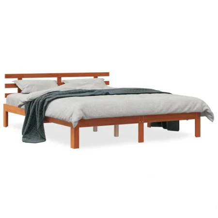 Estructura cama con cabecero madera pino marrón cera 150x200 cm de , Camas y somieres - Ref: Foro24-844275, Precio: 104,06 €,...