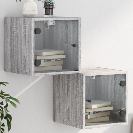 Mesitas noche con puertas vidrio 2 uds gris Sonoma 35x37x35 cm de , Mesitas de noche - Ref: Foro24-836473, Precio: 54,75 €, D...