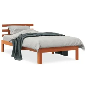 Bed frame with wax brown pine wood headboard 90x200 cm by , Beds and slatted bases - Ref: Foro24-844271, Price: 74,54 €, Disc...