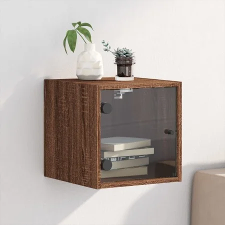 Mesita de noche con puerta de vidrio roble marrón 35x37x35 cm de , Mesitas de noche - Ref: Foro24-836474, Precio: 33,87 €, De...