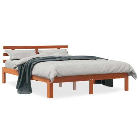 Estructura cama con cabecero madera pino marrón cera 140x200 cm de , Camas y somieres - Ref: Foro24-844274, Precio: 102,33 €,...