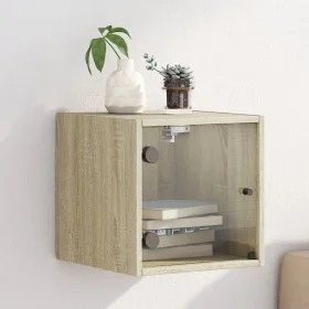Mesita de noche con puerta de vidrio roble Sonoma 35x37x35 cm de , Mesitas de noche - Ref: Foro24-836466, Precio: 34,61 €, De...