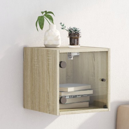 Mesita de noche con puerta de vidrio roble Sonoma 35x37x35 cm de , Mesitas de noche - Ref: Foro24-836466, Precio: 35,09 €, De...